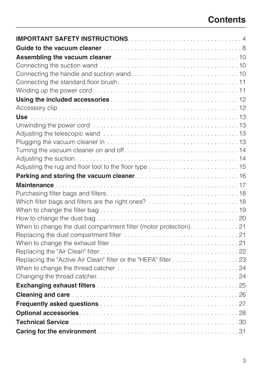 Miele S 190 manual Contents 