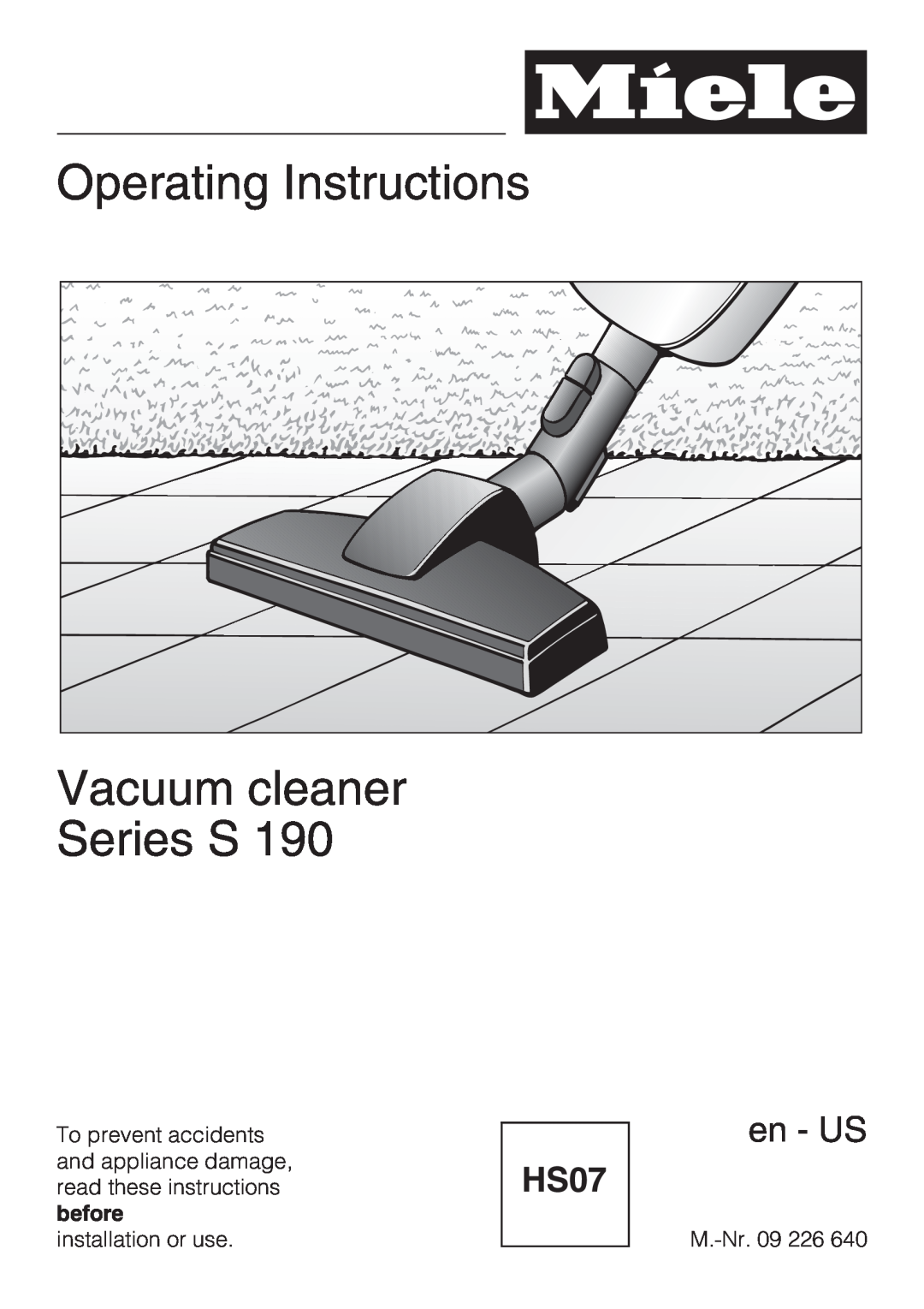 Miele S 190 manual Operating Instructions Vacuum cleaner Series S, en - US 