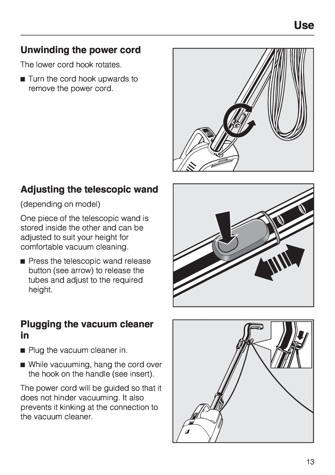 Miele S 190 operating instructions Unwinding the power cord, Adjusting the telescopic wand, Plugging the vacuum cleaner in 