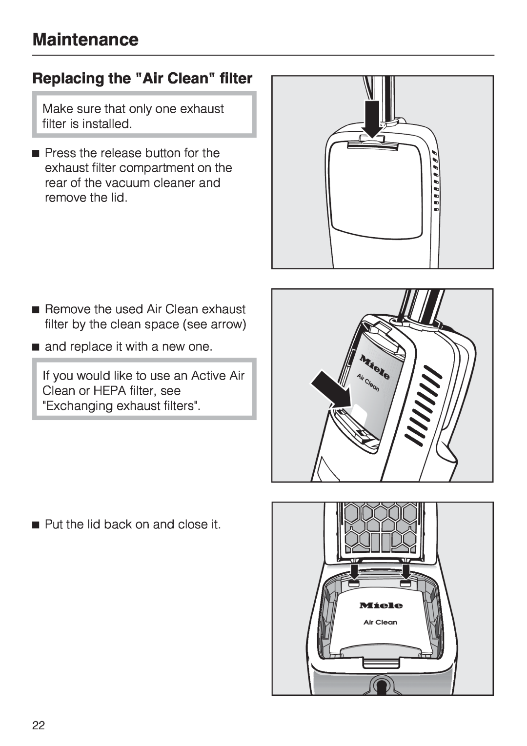 Miele S 190 operating instructions Replacing the Air Clean filter, Maintenance 