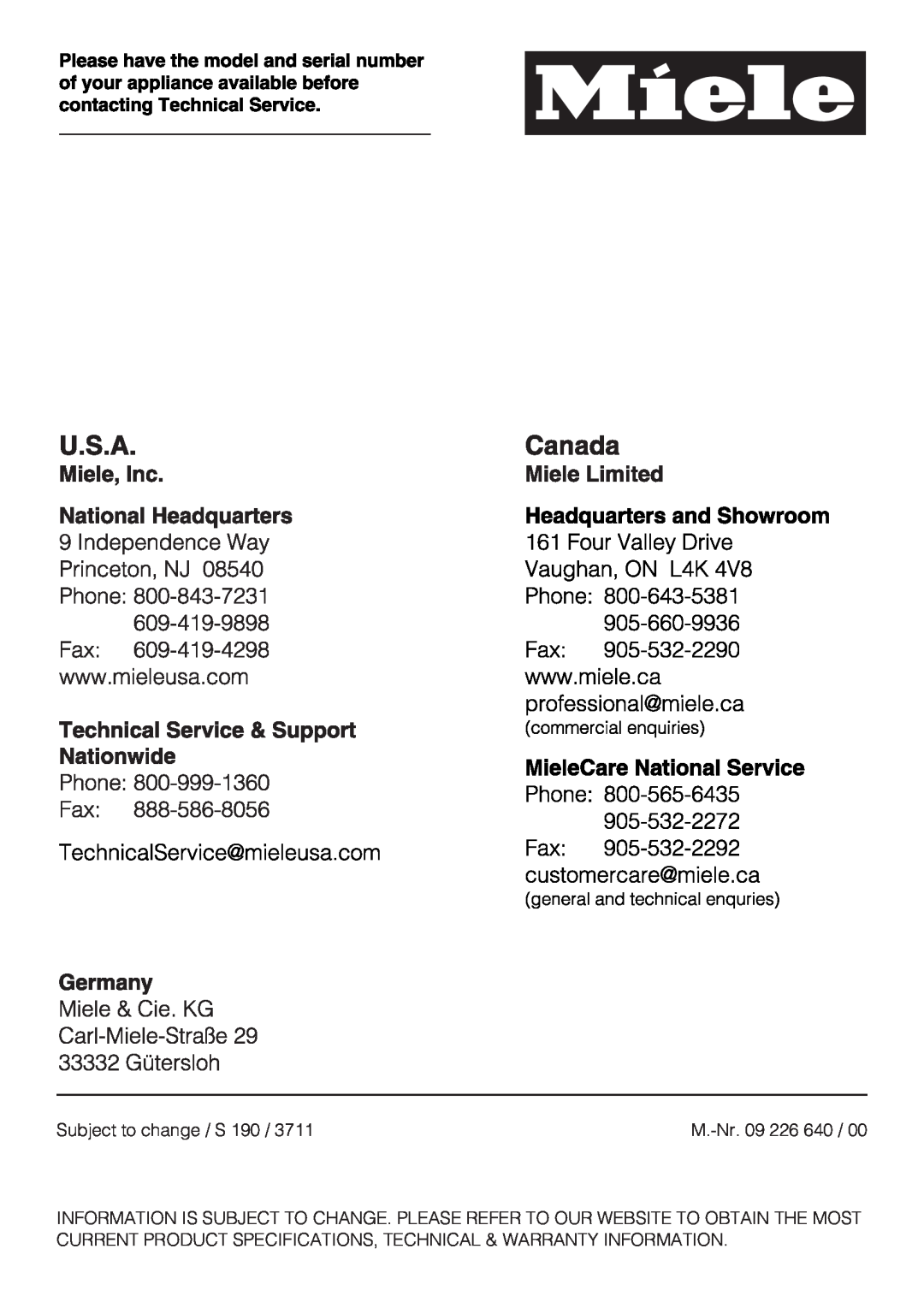 Miele S 190 operating instructions Subject to change / S, M.-Nr.09 226 640 