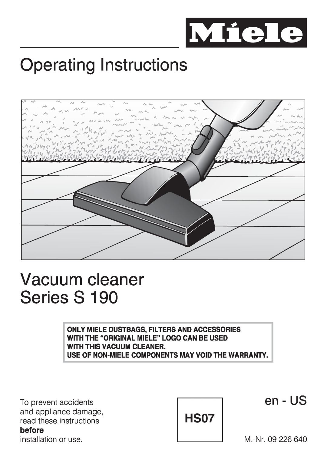 Miele S 190 manual Operating Instructions Vacuum cleaner Series S, en - US 
