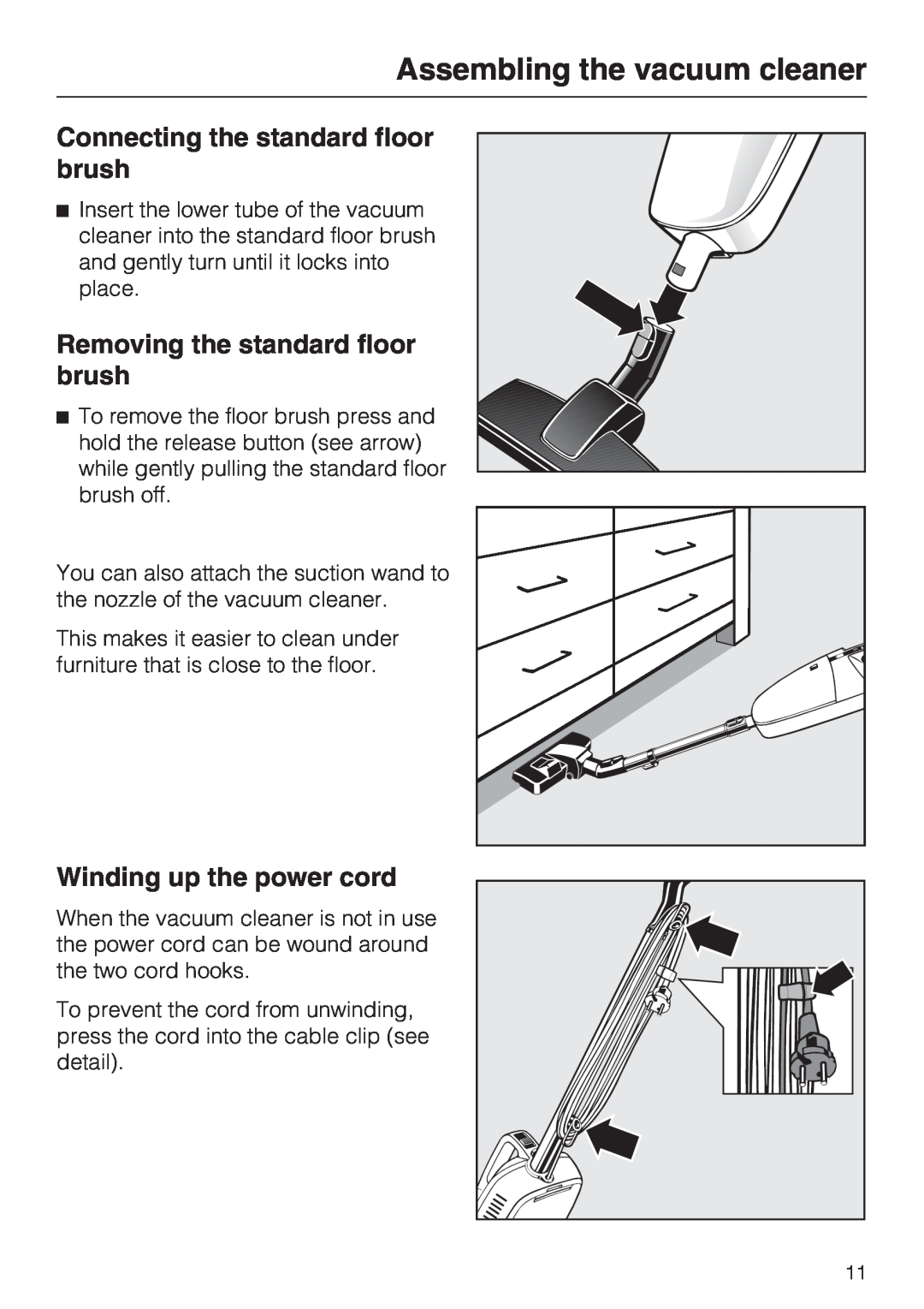 Miele S 190 manual Connecting the standard floor brush, Removing the standard floor brush, Winding up the power cord 