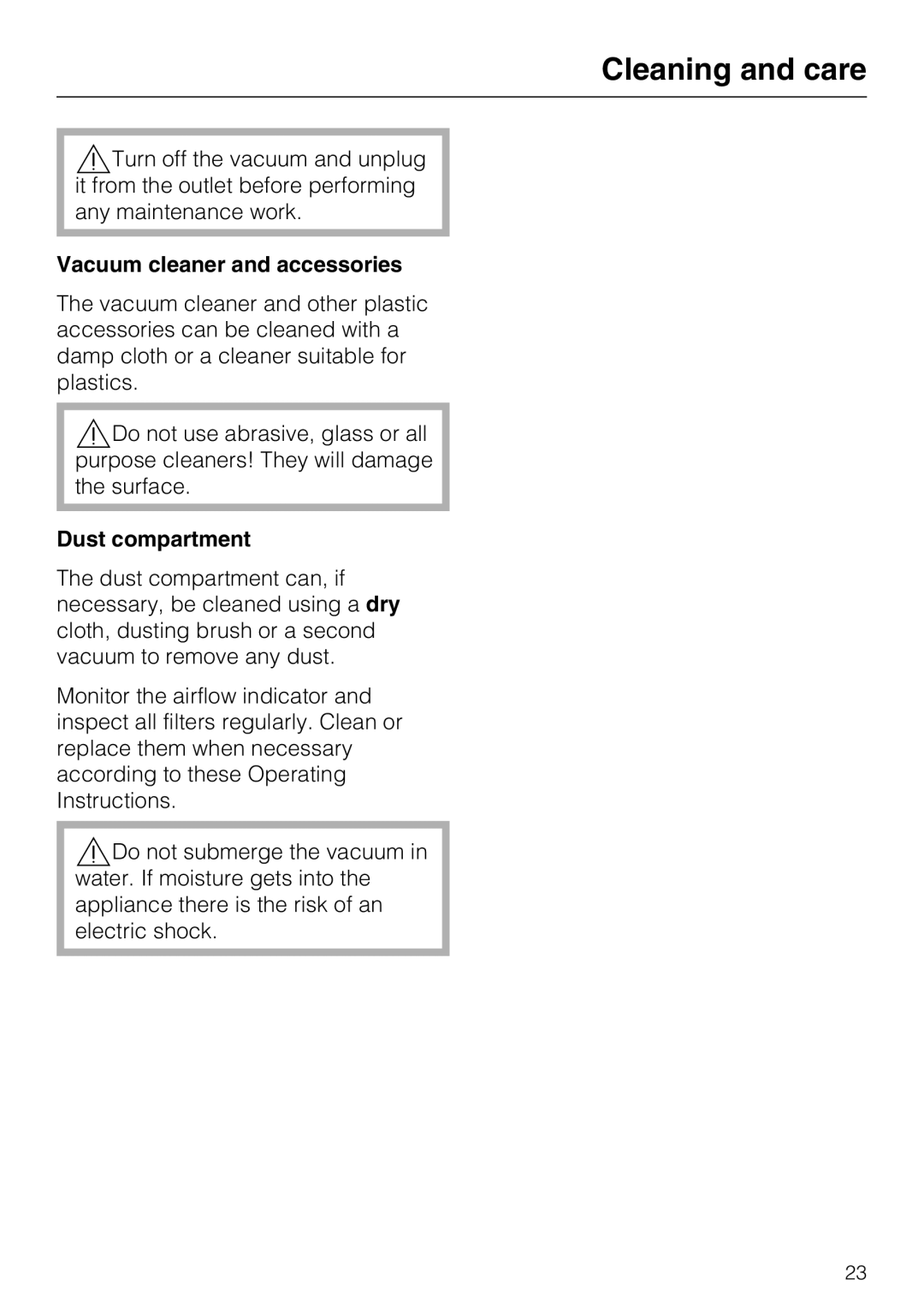 Miele S 2120, S 2000, HS12 manual Cleaning and care, Vacuum cleaner and accessories, Dust compartment 