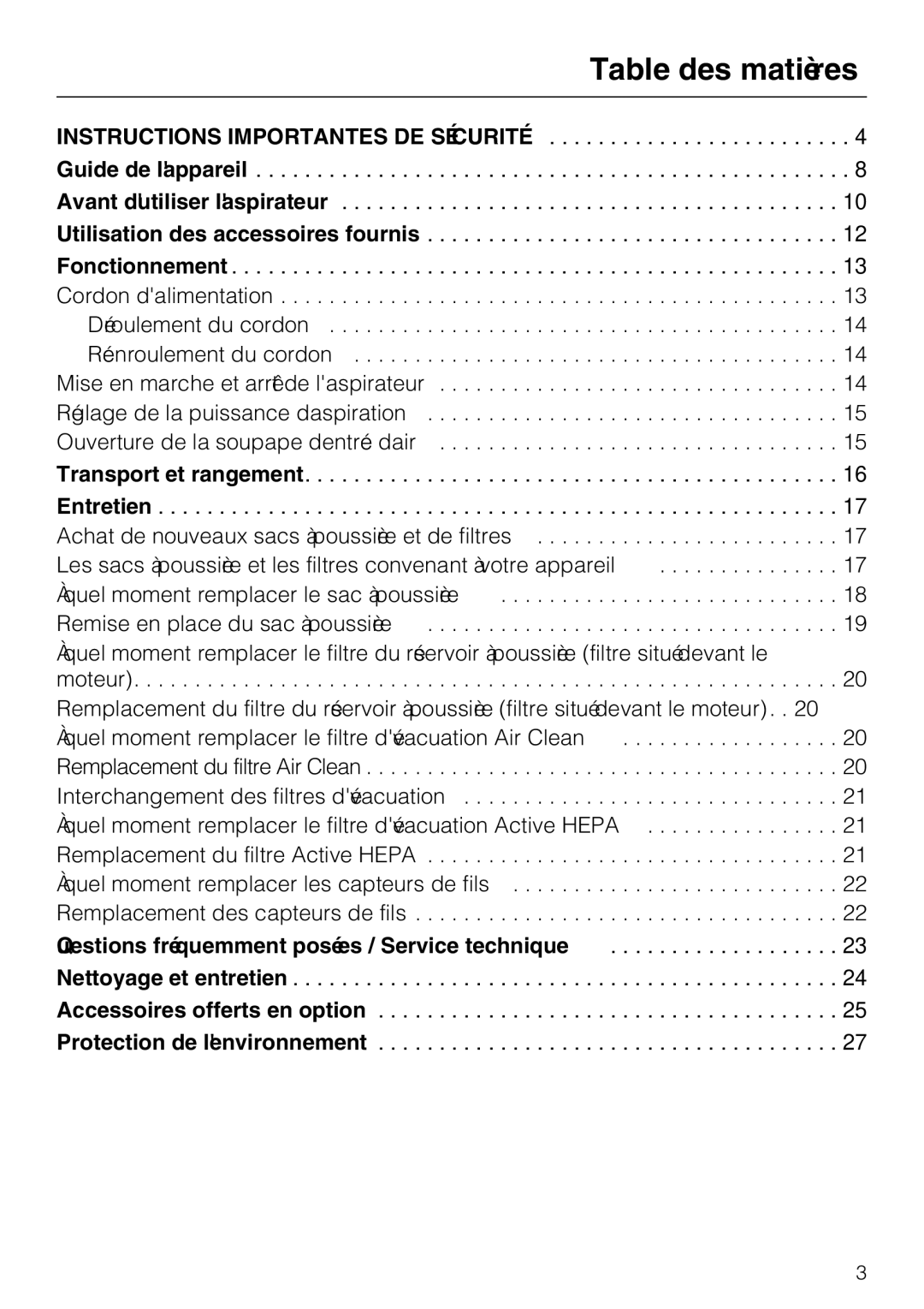 Miele S 2120, S 2000, HS12 manual Table des matières, Transport et rangement Entretien 