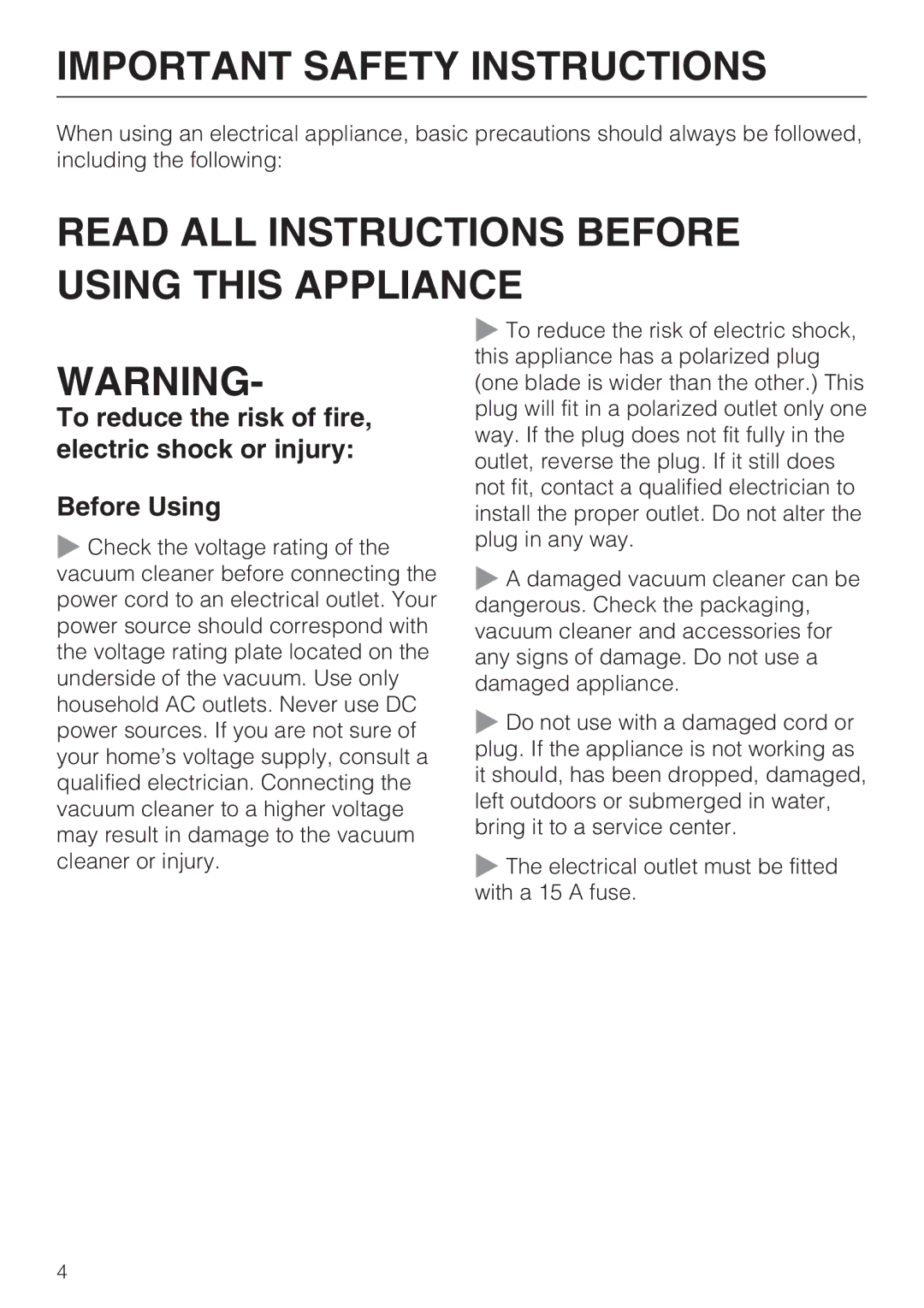 Miele HS12, S 2000, S 2120 manual Important Safety Instructions 