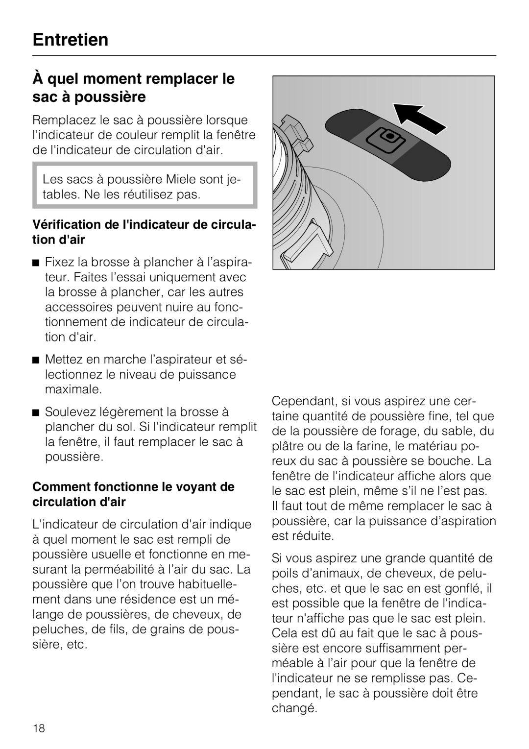 Miele S 2120, S 2000, HS12 manual Quel moment remplacer le sac à poussière, Vérification de lindicateur de circula- tion dair 