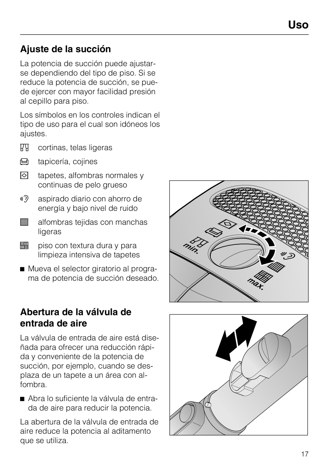 Miele S 2120, S 2000, HS12 manual Ajuste de la succión, Abertura de la válvula de entrada de aire 