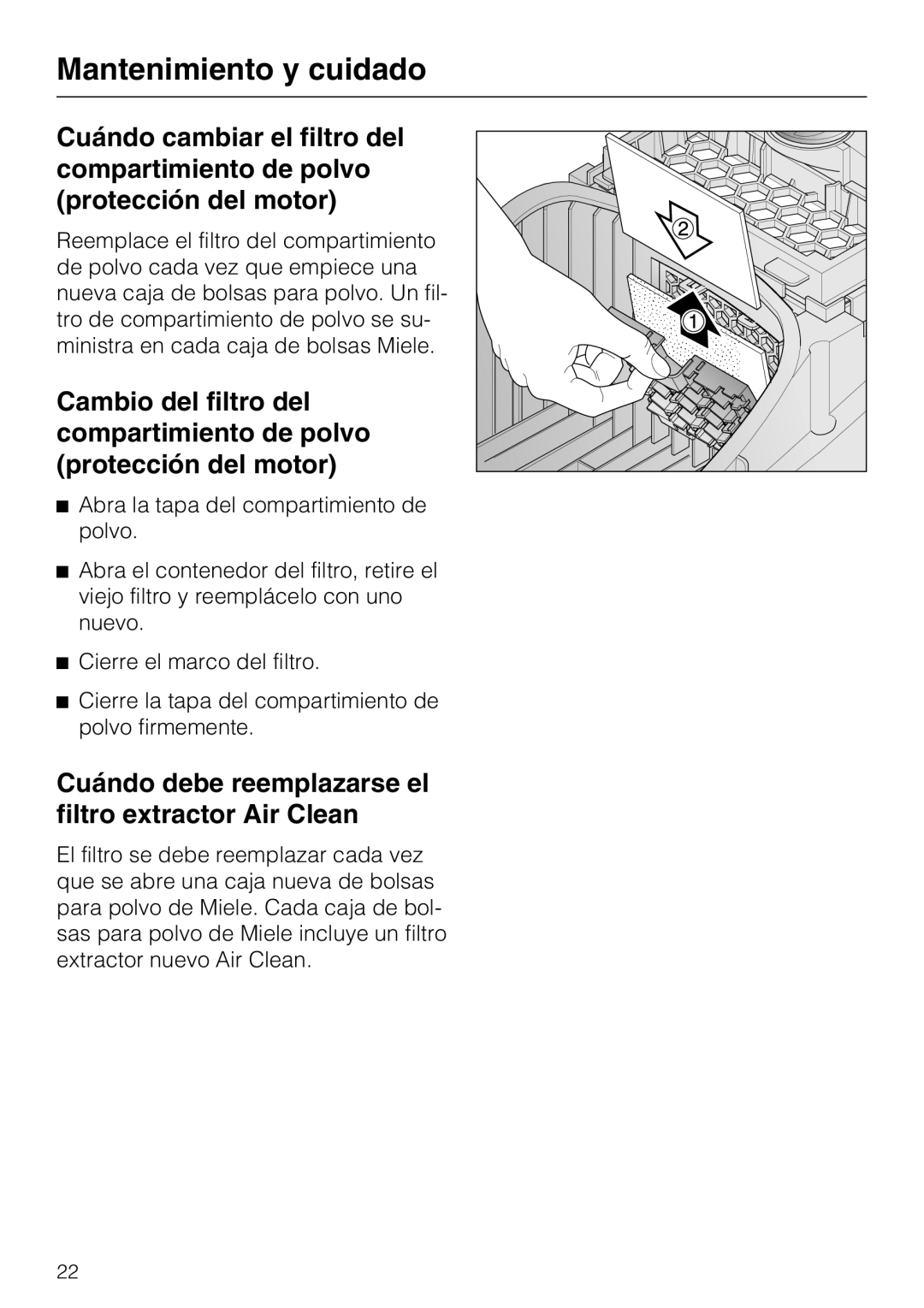 Miele HS12, S 2000, S 2120 manual Cuándo debe reemplazarse el filtro extractor Air Clean 