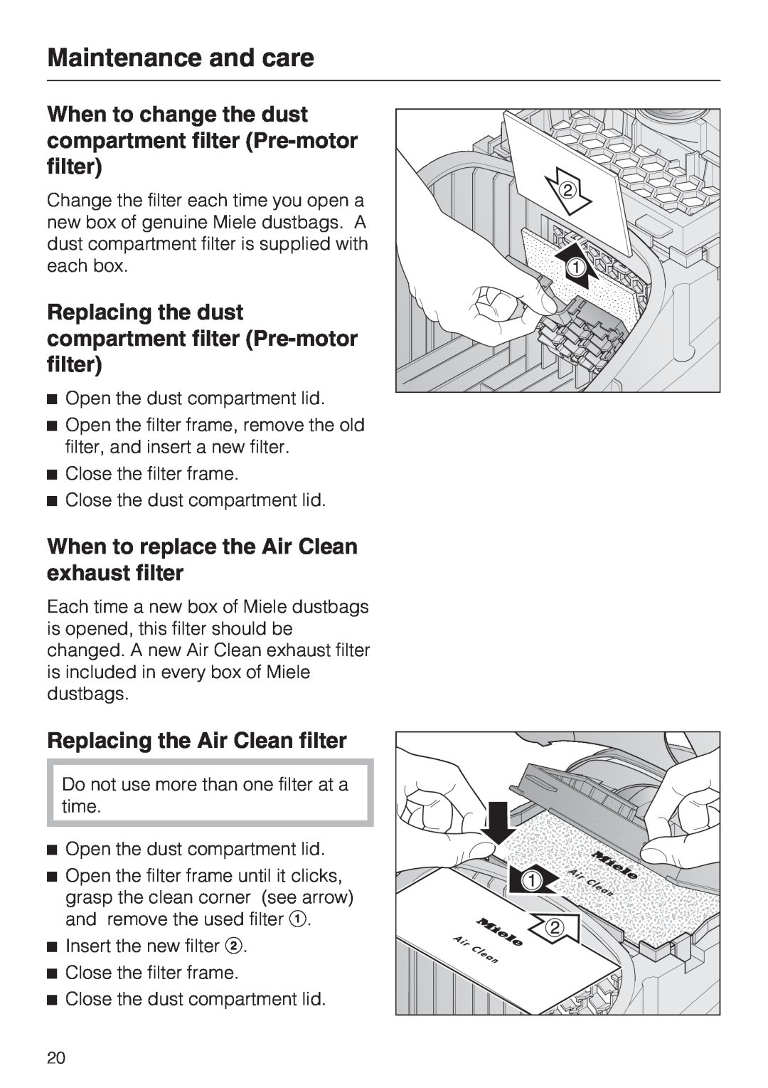 Miele S 2120, S 2000 When to replace the Air Clean exhaust filter, Replacing the Air Clean filter, Maintenance and care 