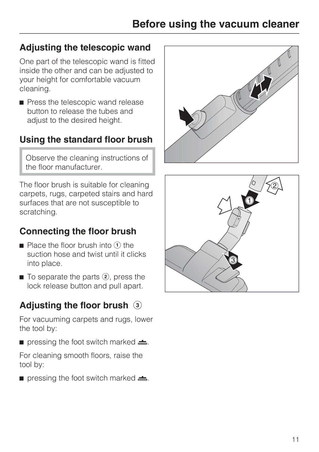 Miele S 2000 Adjusting the telescopic wand, Using the standard floor brush, Connecting the floor brush 