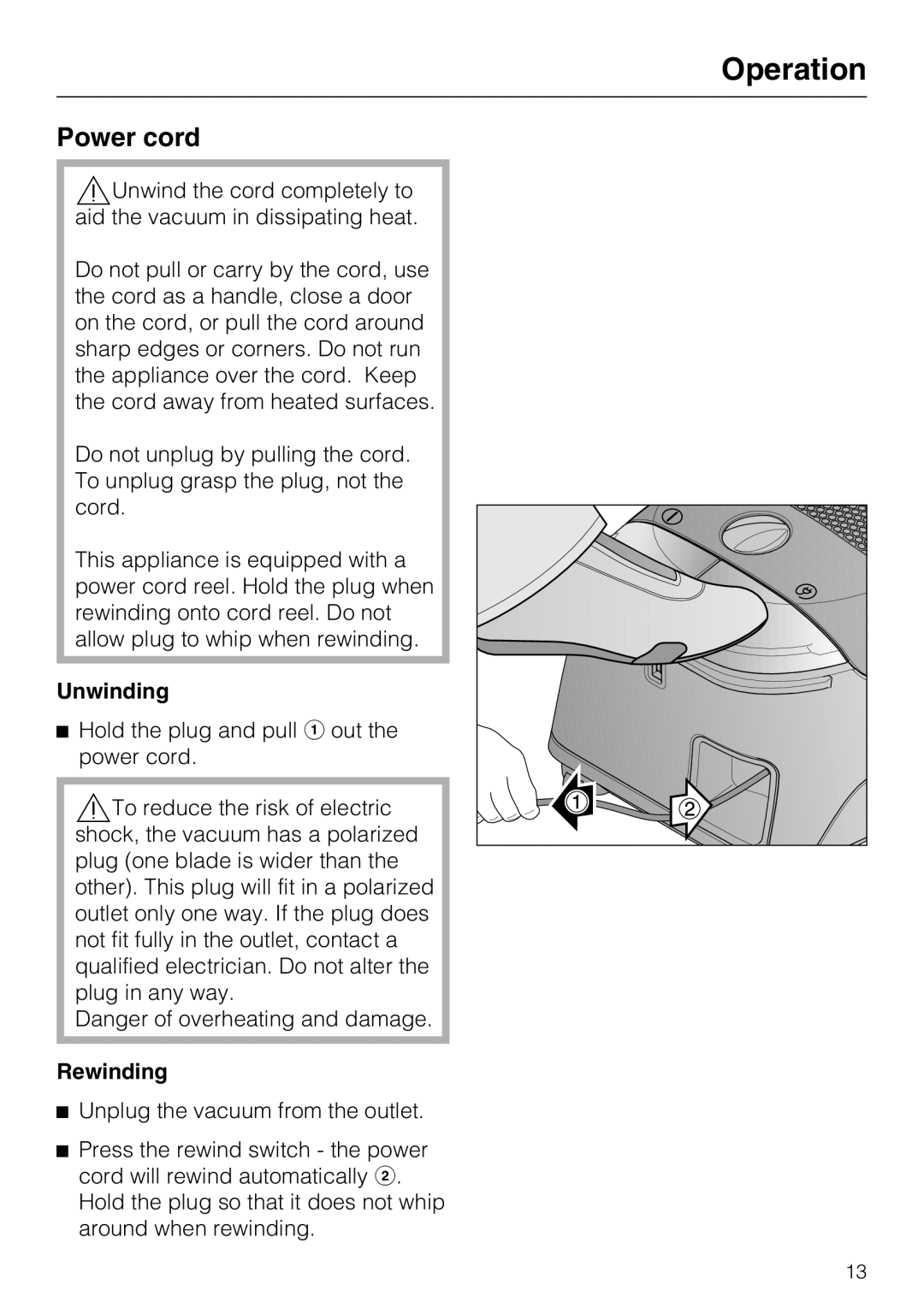 Miele S 2000 operating instructions Operation, Power cord, Unwinding, Rewinding 