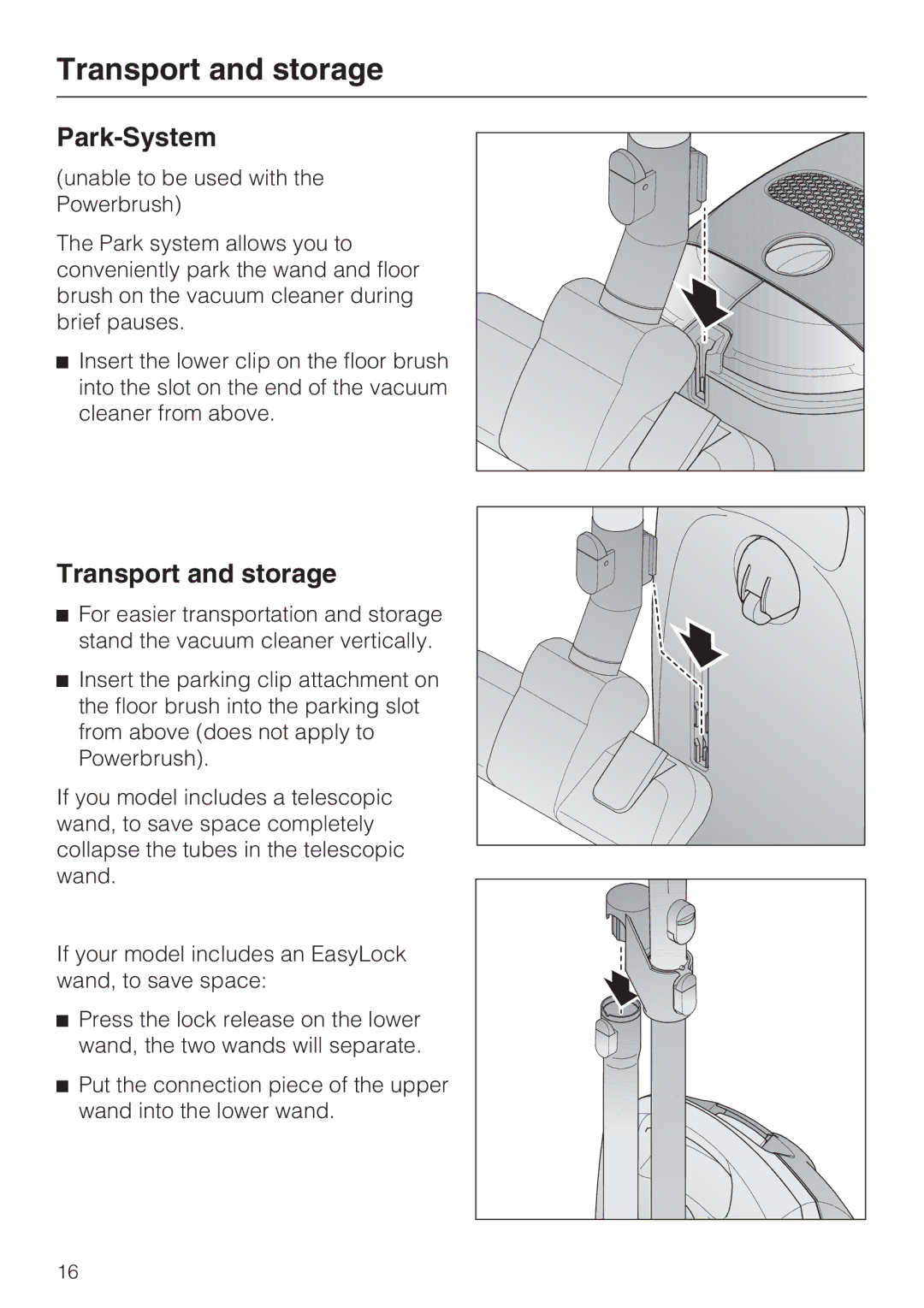 Miele S 2000 operating instructions Transport and storage, Park-System 