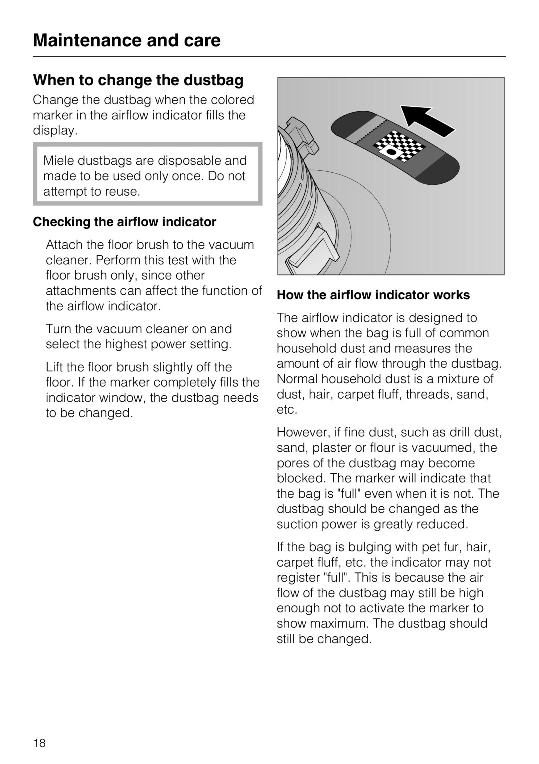 Miele S 2000 When to change the dustbag, Checking the airflow indicator, How the airflow indicator works 