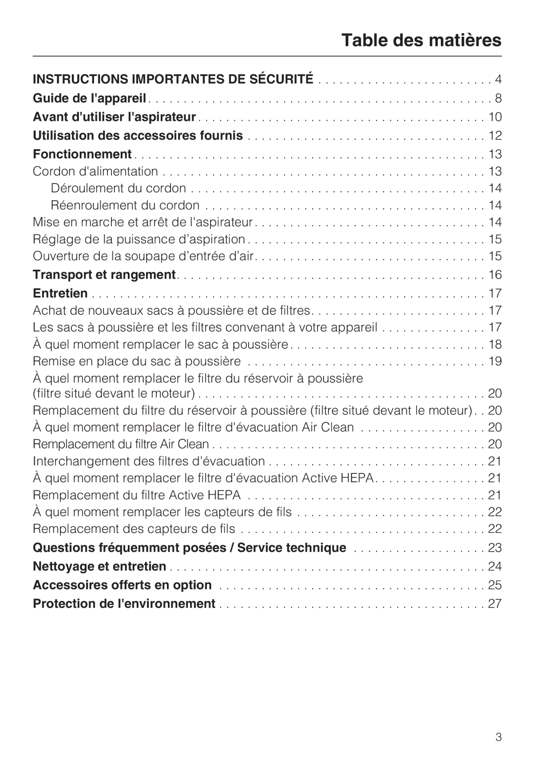 Miele S 2000 operating instructions Table des matières, Transport et rangement Entretien 