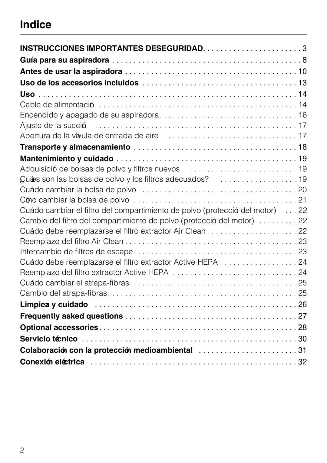 Miele S 2000 operating instructions Indice 