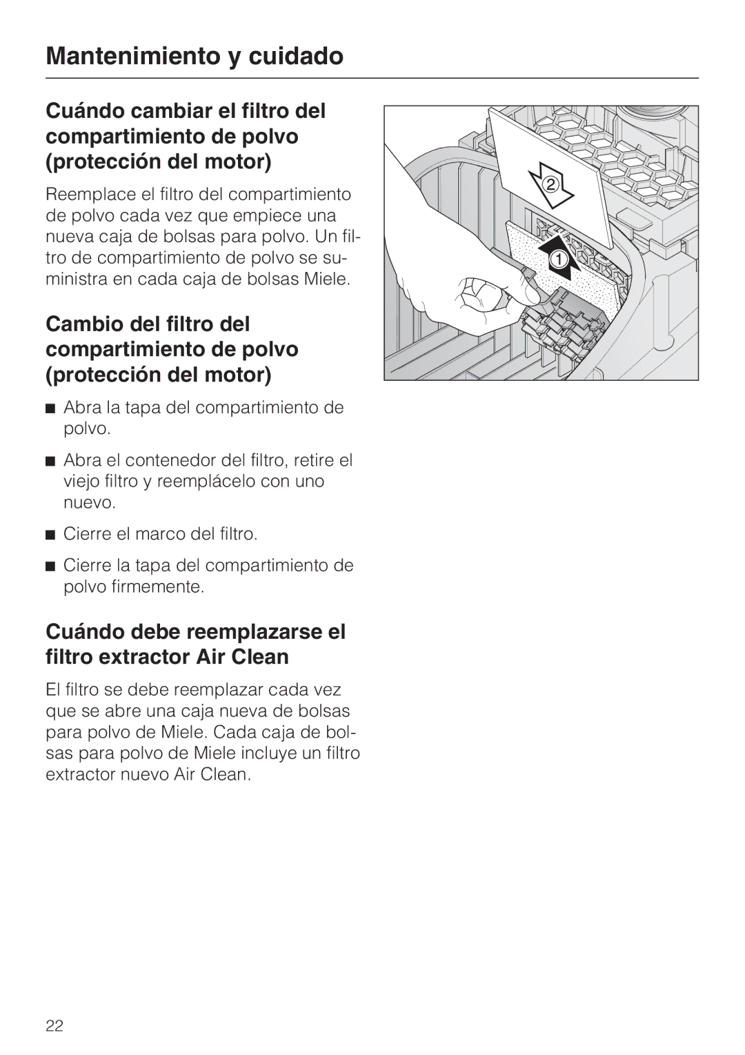 Miele S 2000 operating instructions Cuándo debe reemplazarse el filtro extractor Air Clean 