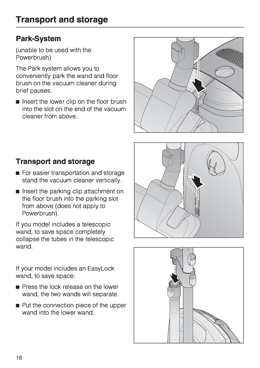 Miele S 2000 operating instructions Transport and storage, Park-System 