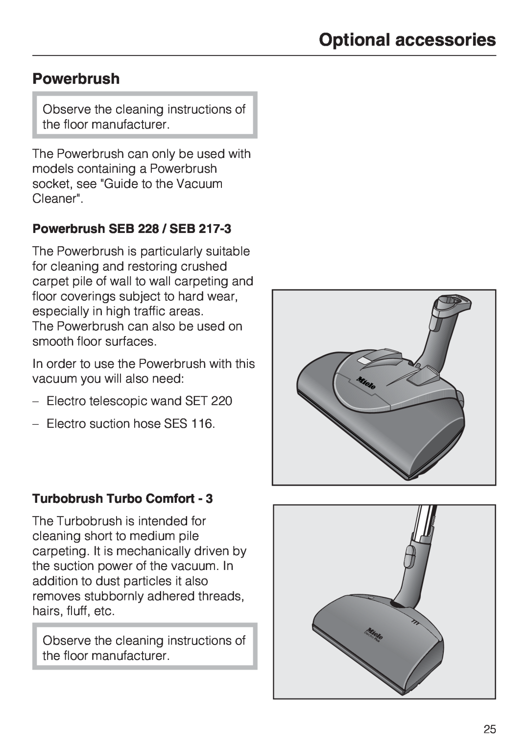 Miele S 2000 operating instructions Optional accessories, Powerbrush SEB 228 / SEB, Turbobrush Turbo Comfort 