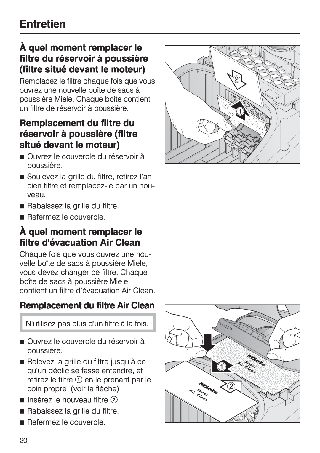 Miele S 2000 operating instructions Remplacement du filtre Air Clean, Entretien 
