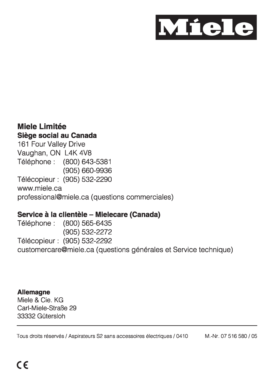 Miele S 2000 operating instructions M.-Nr.07 516 580 