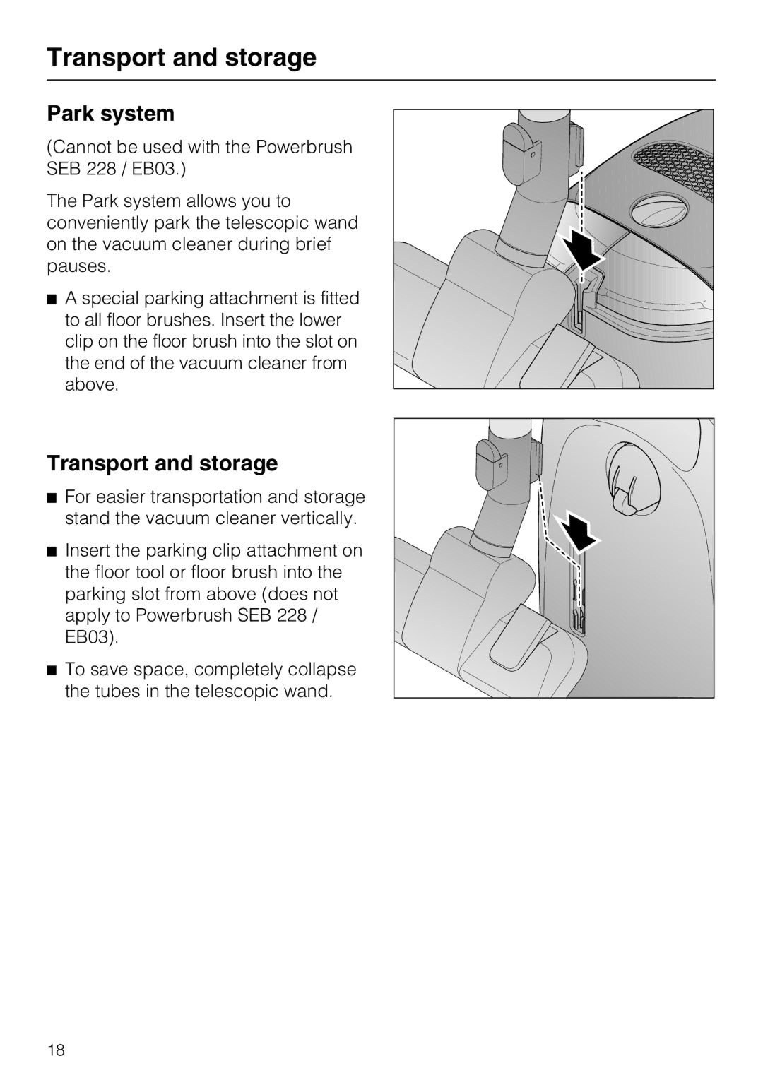 Miele S 2001 manual Transport and storage, Park system 