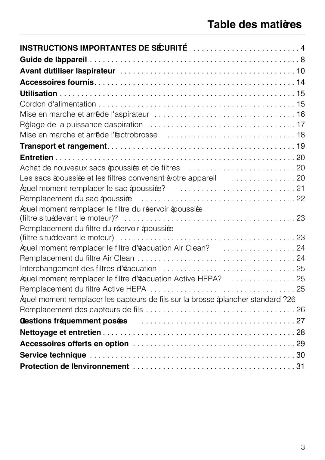 Miele S 2001 manual Table des matières, Transport et rangement Entretien 