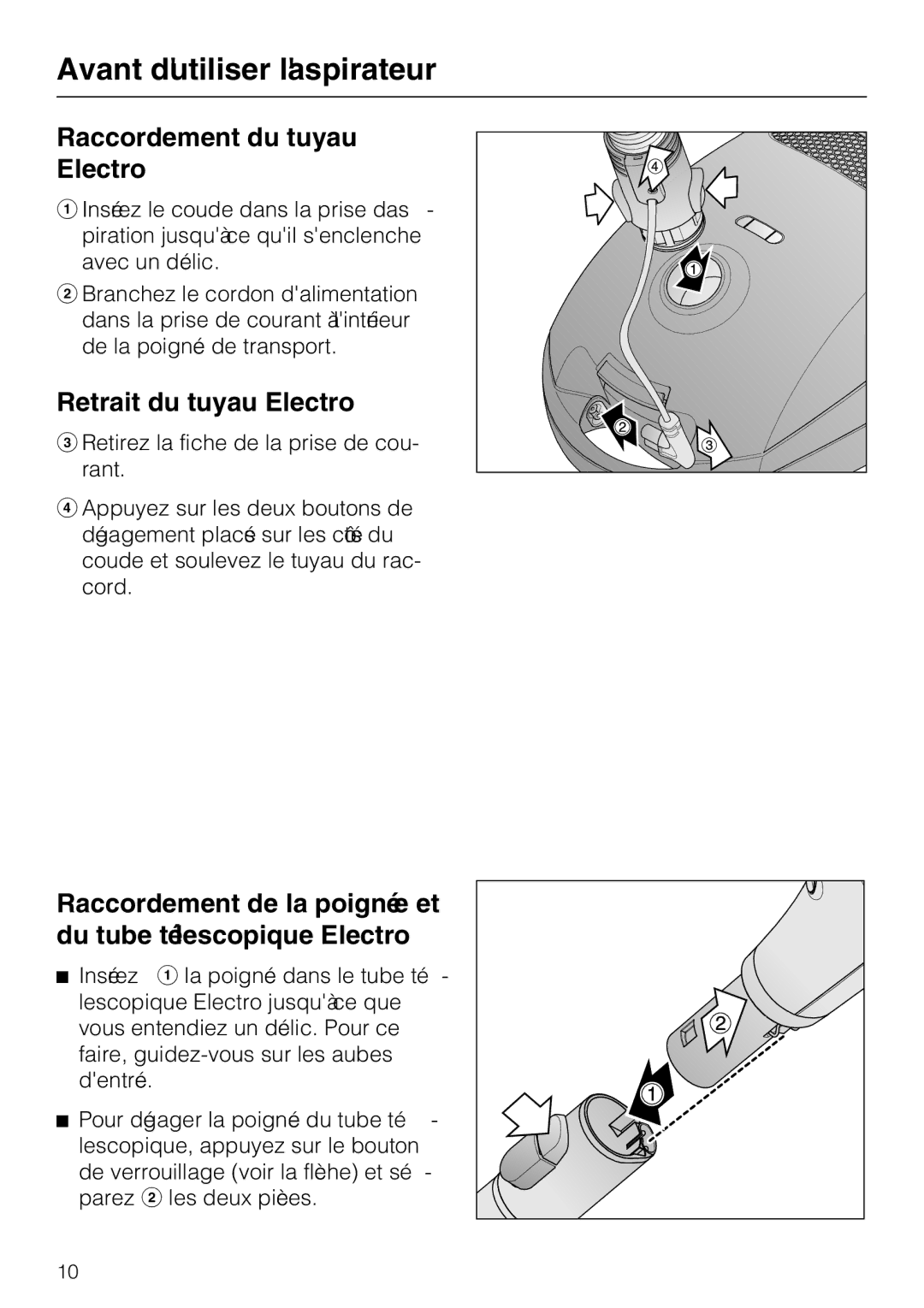 Miele S 2001 manual Avant dutiliser laspirateur, Raccordement du tuyau Electro, Retrait du tuyau Electro 