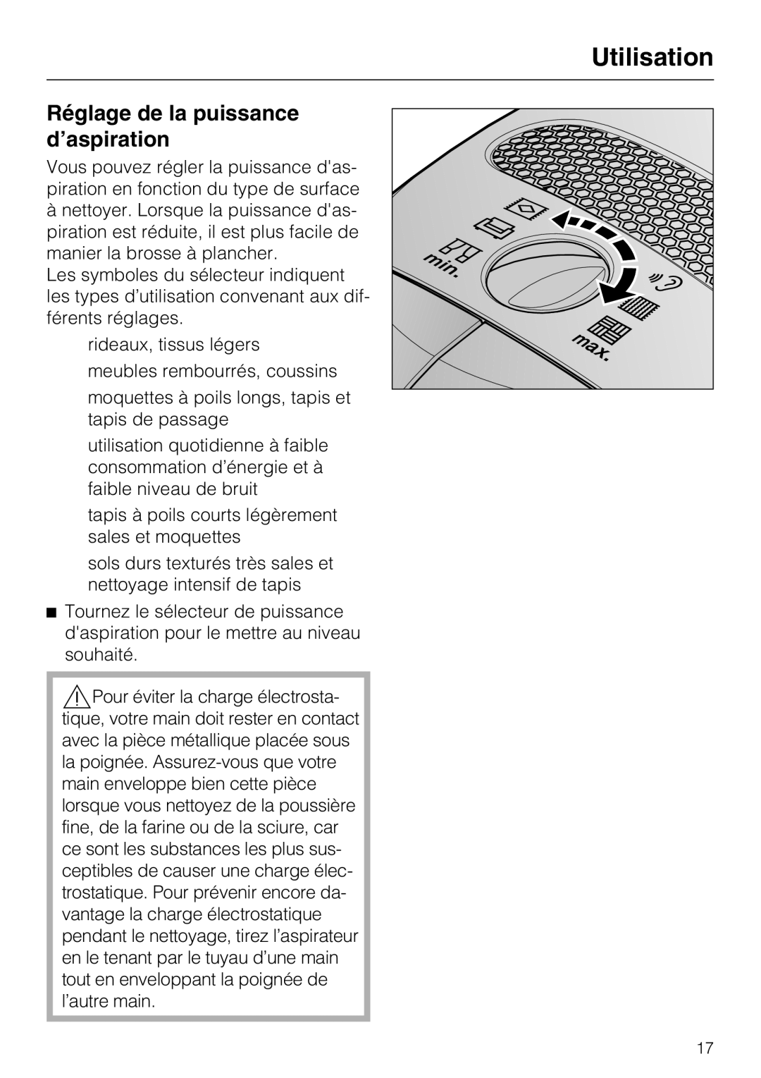 Miele S 2001 manual Réglage de la puissance d’aspiration 