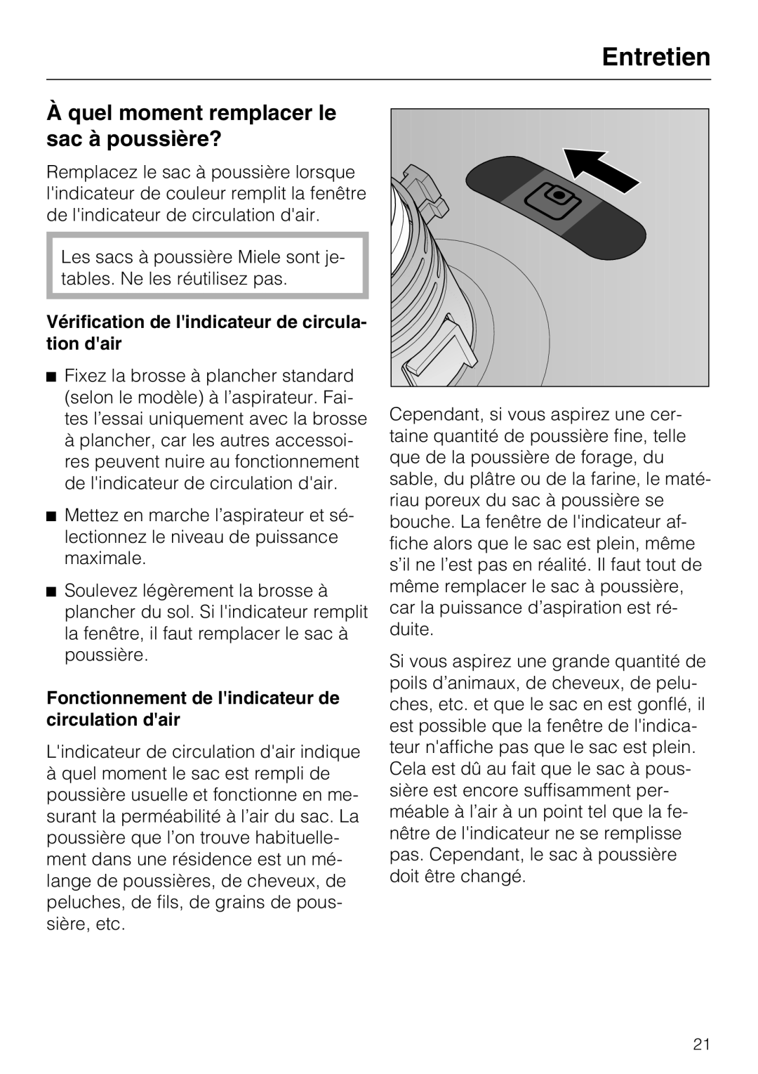 Miele S 2001 Quel moment remplacer le Sac à poussière?, Tion dair, Fonctionnement de lindicateur de, Circulation dair 