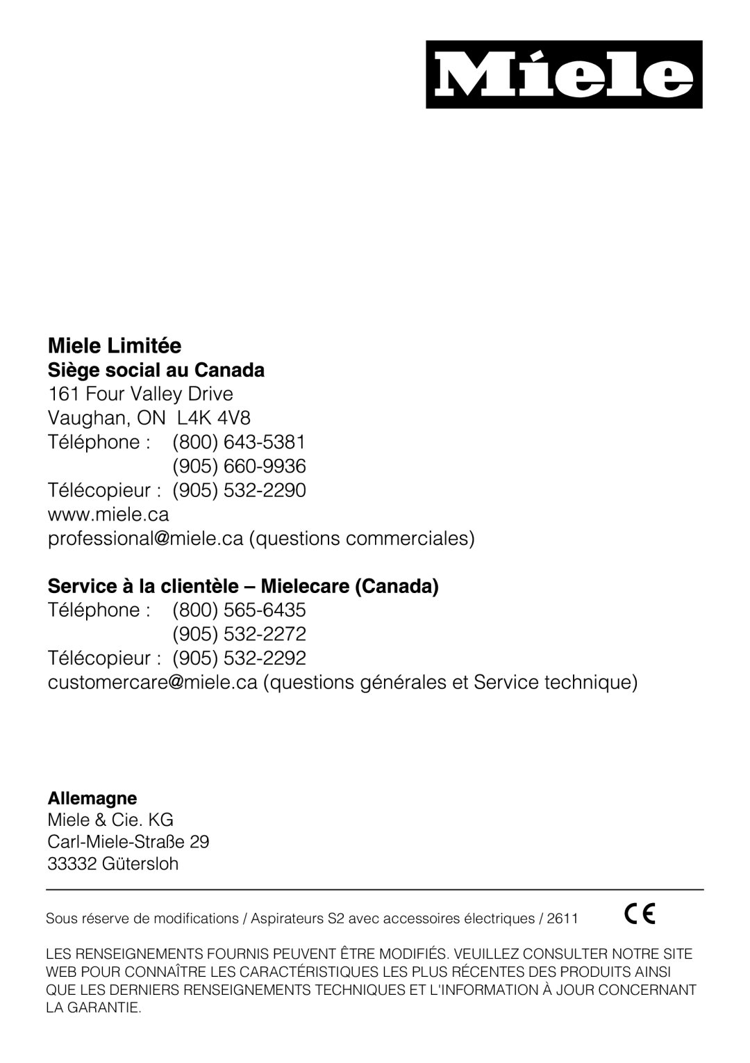 Miele S 2001 manual 