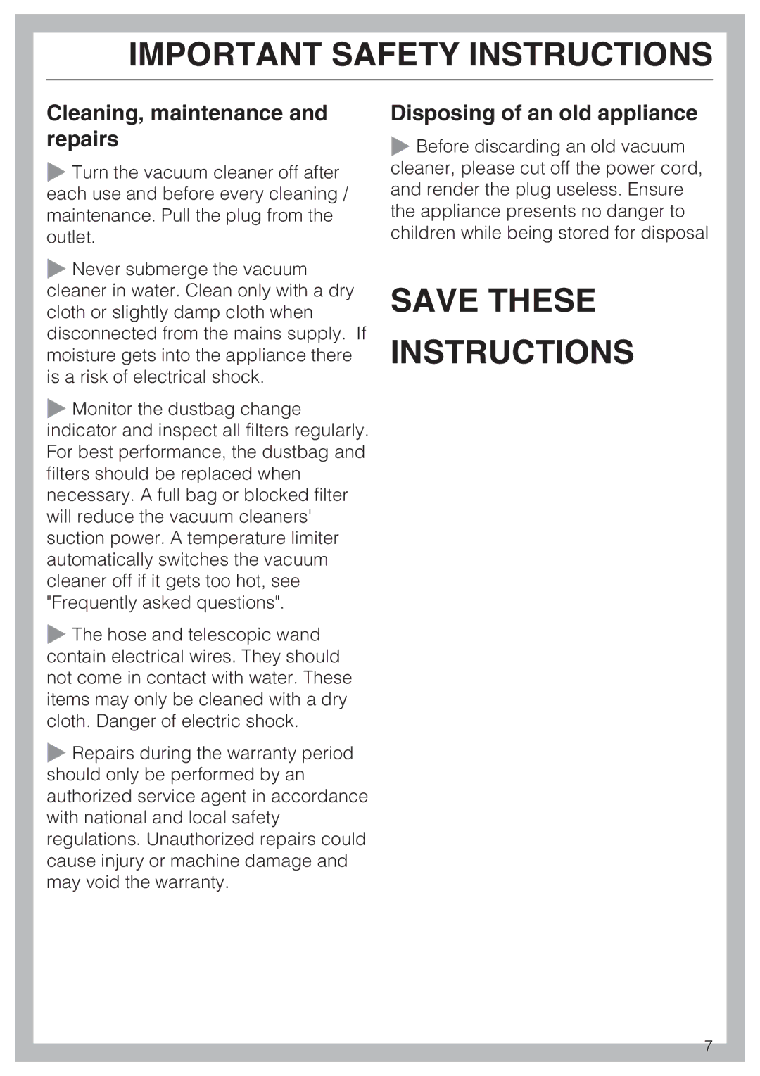 Miele S 2001 manual Cleaning, maintenance and repairs, Disposing of an old appliance 