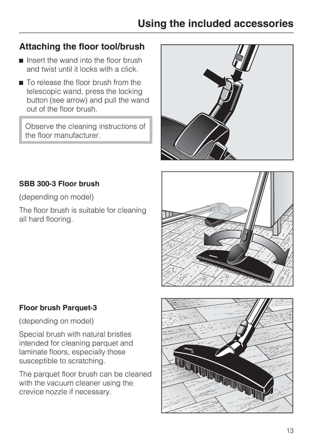 Miele S 2001 manual Attaching the floor tool/brush, SBB 300-3 Floor brush, Floor brush Parquet-3 