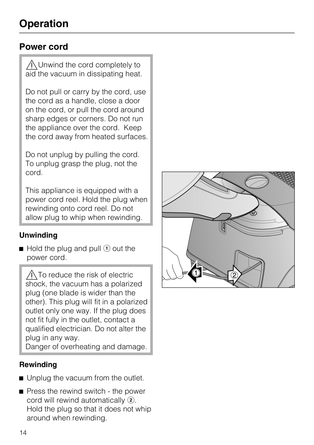 Miele S 2001 manual Operation, Power cord, Unwinding, Rewinding 