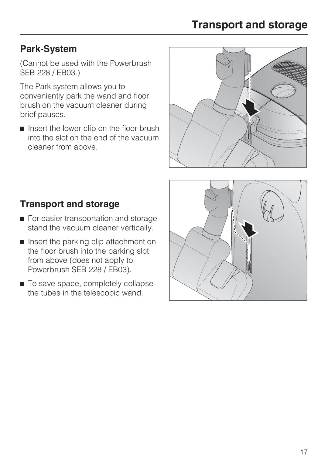 Miele S 2001 manual Transport and storage, Park-System 