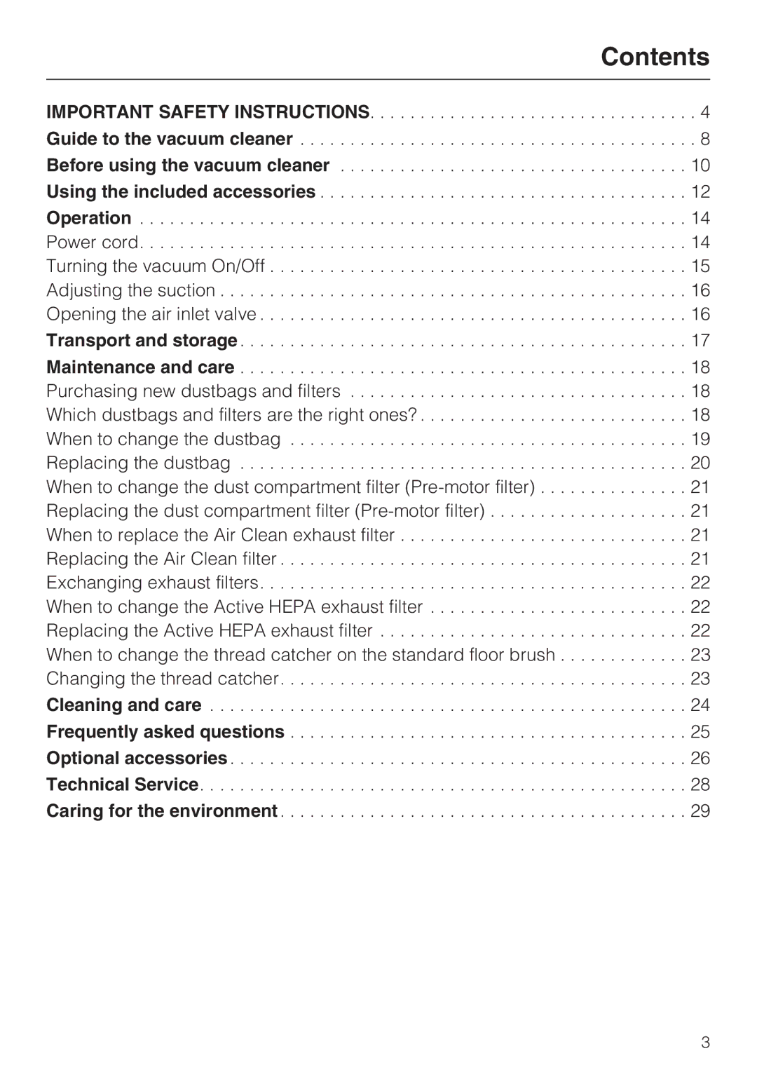 Miele S 2001 manual Contents 