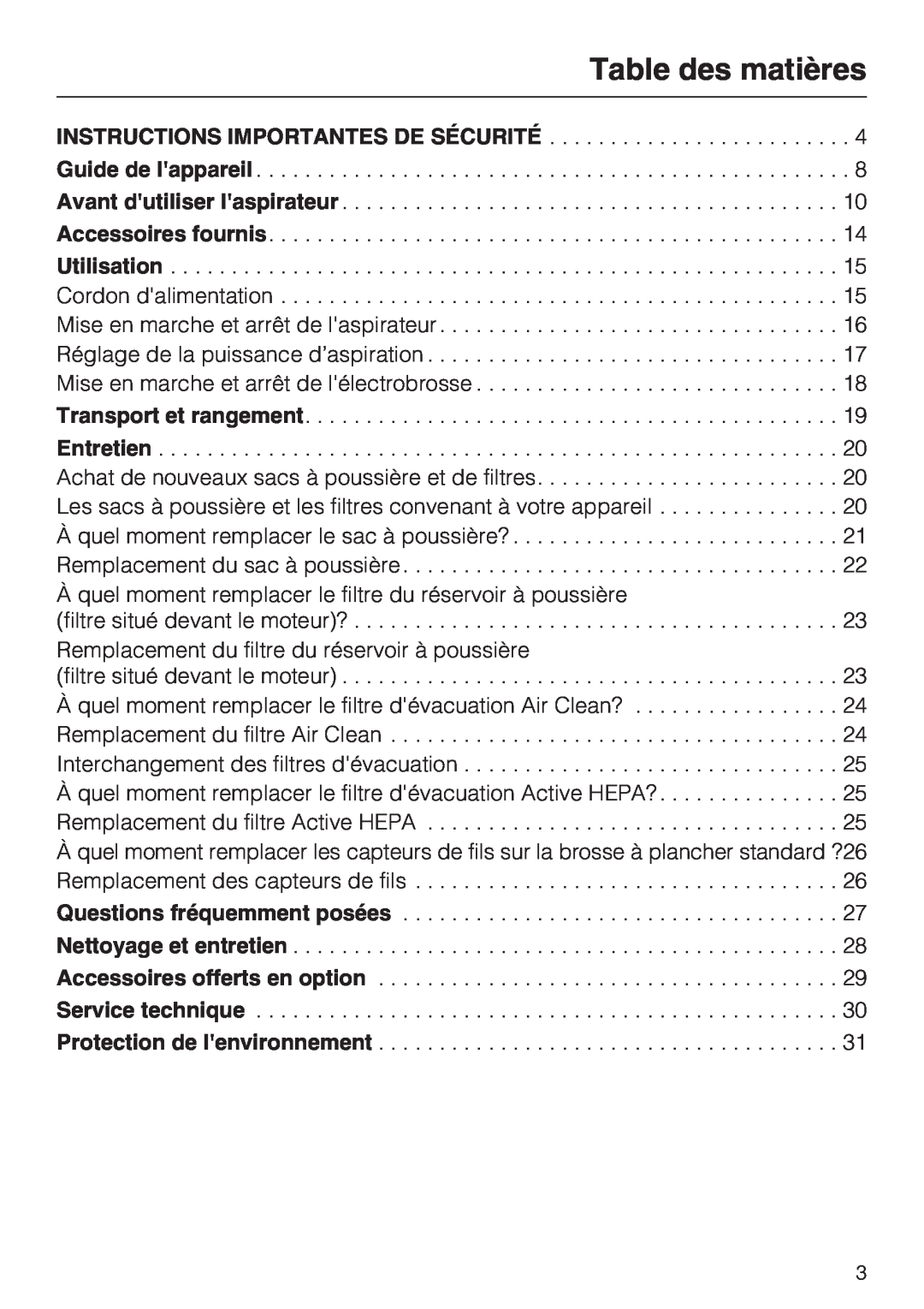 Miele S 2001 manual Table des matières 
