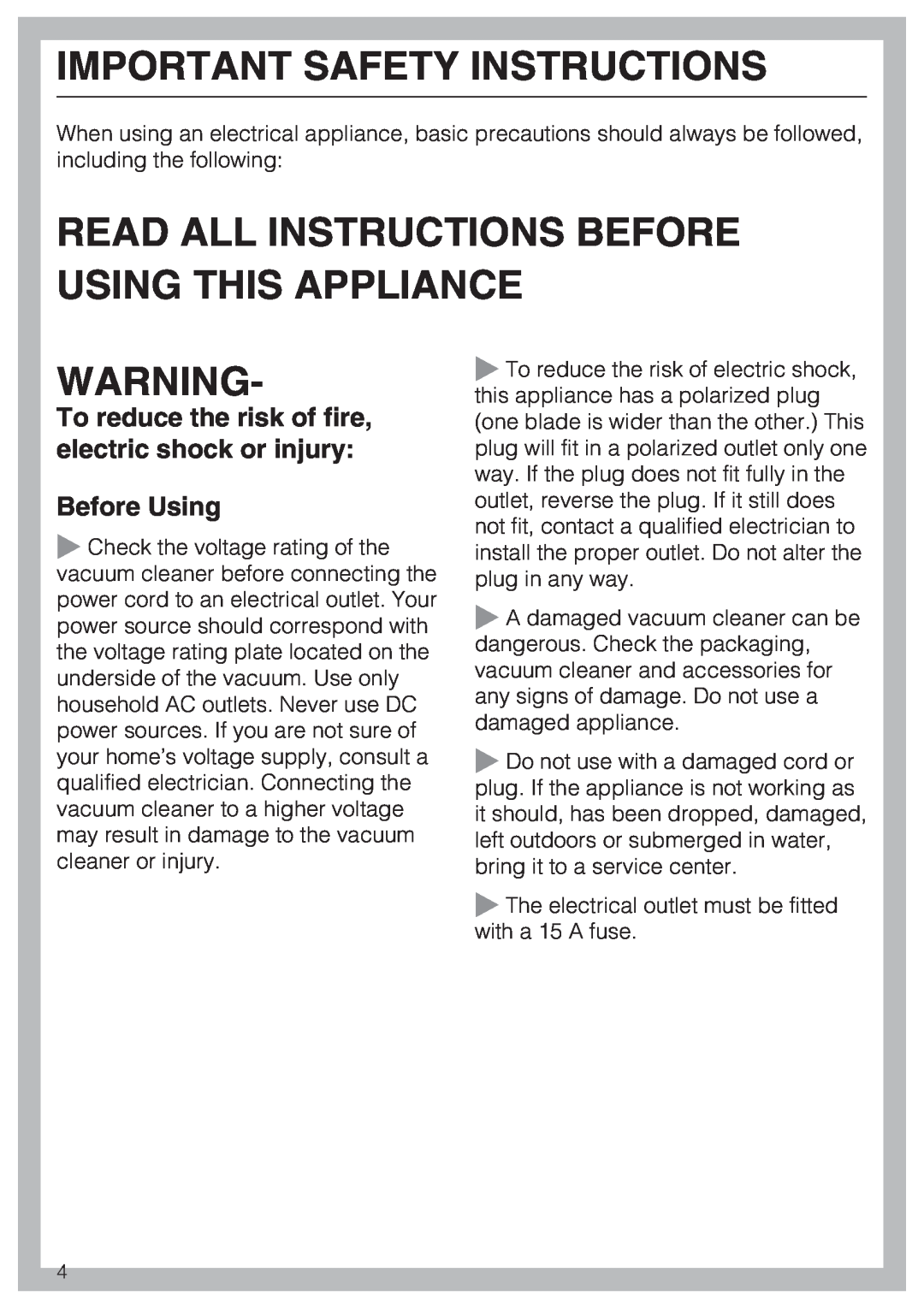 Miele S 2001 manual Important Safety Instructions, Read All Instructions Before Using This Appliance 
