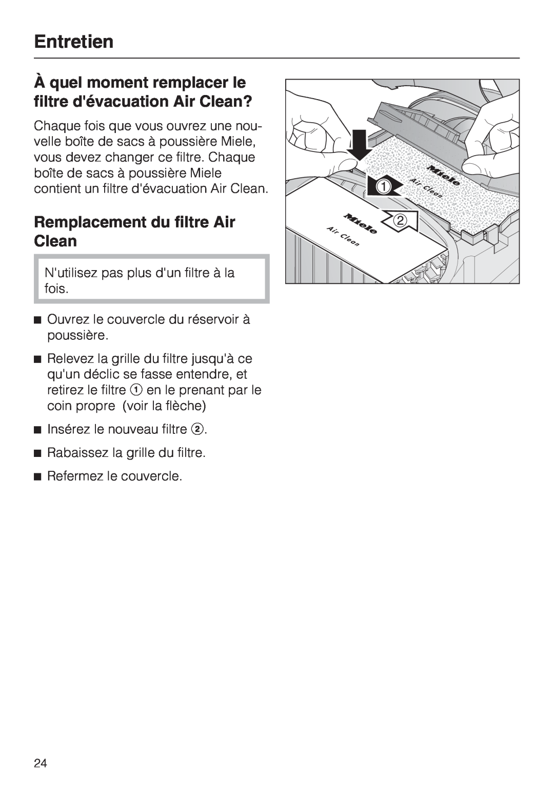 Miele S 2001 manual Remplacement du filtre Air Clean, Entretien 