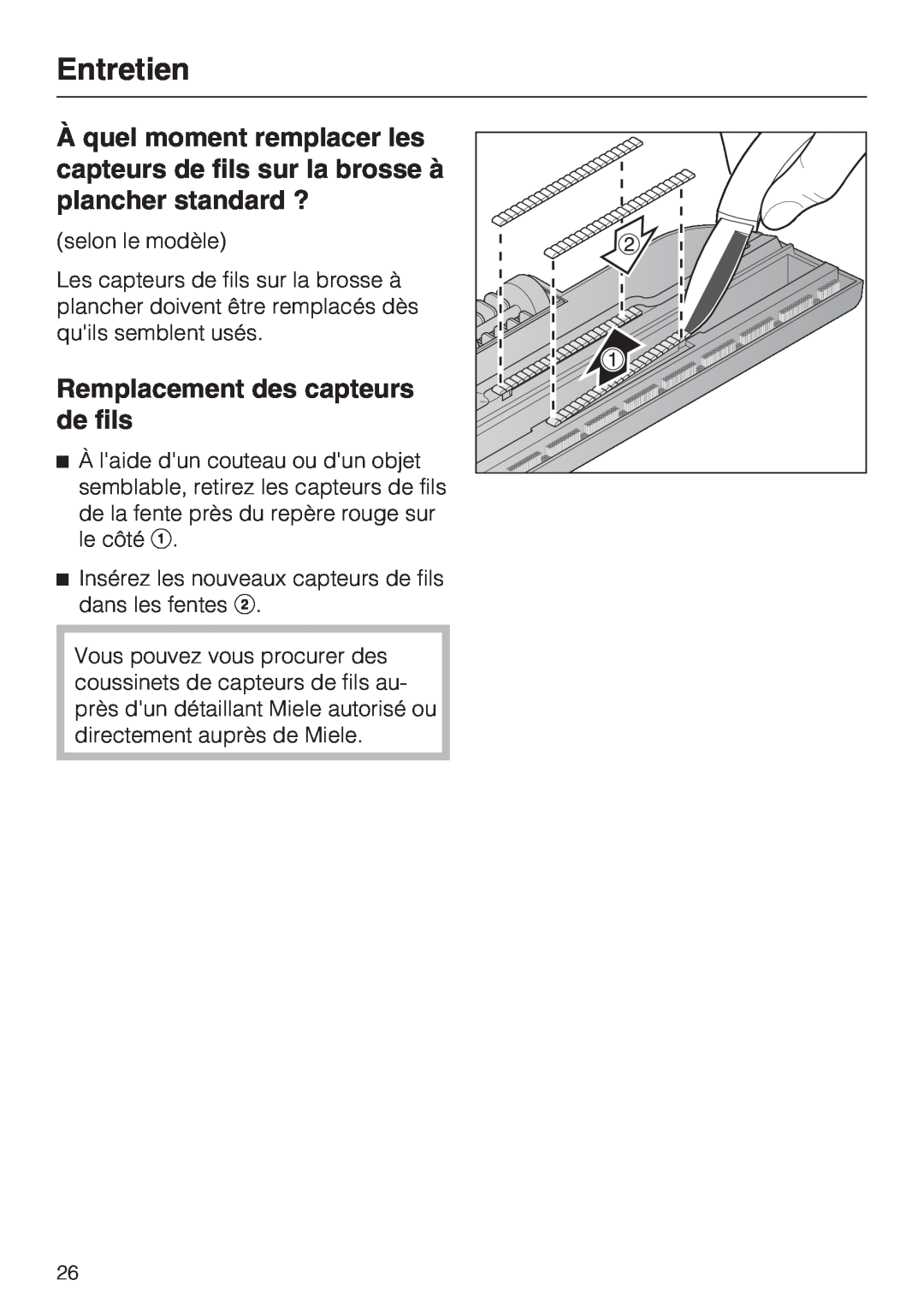 Miele S 2001 manual Remplacement des capteurs de fils, Entretien 