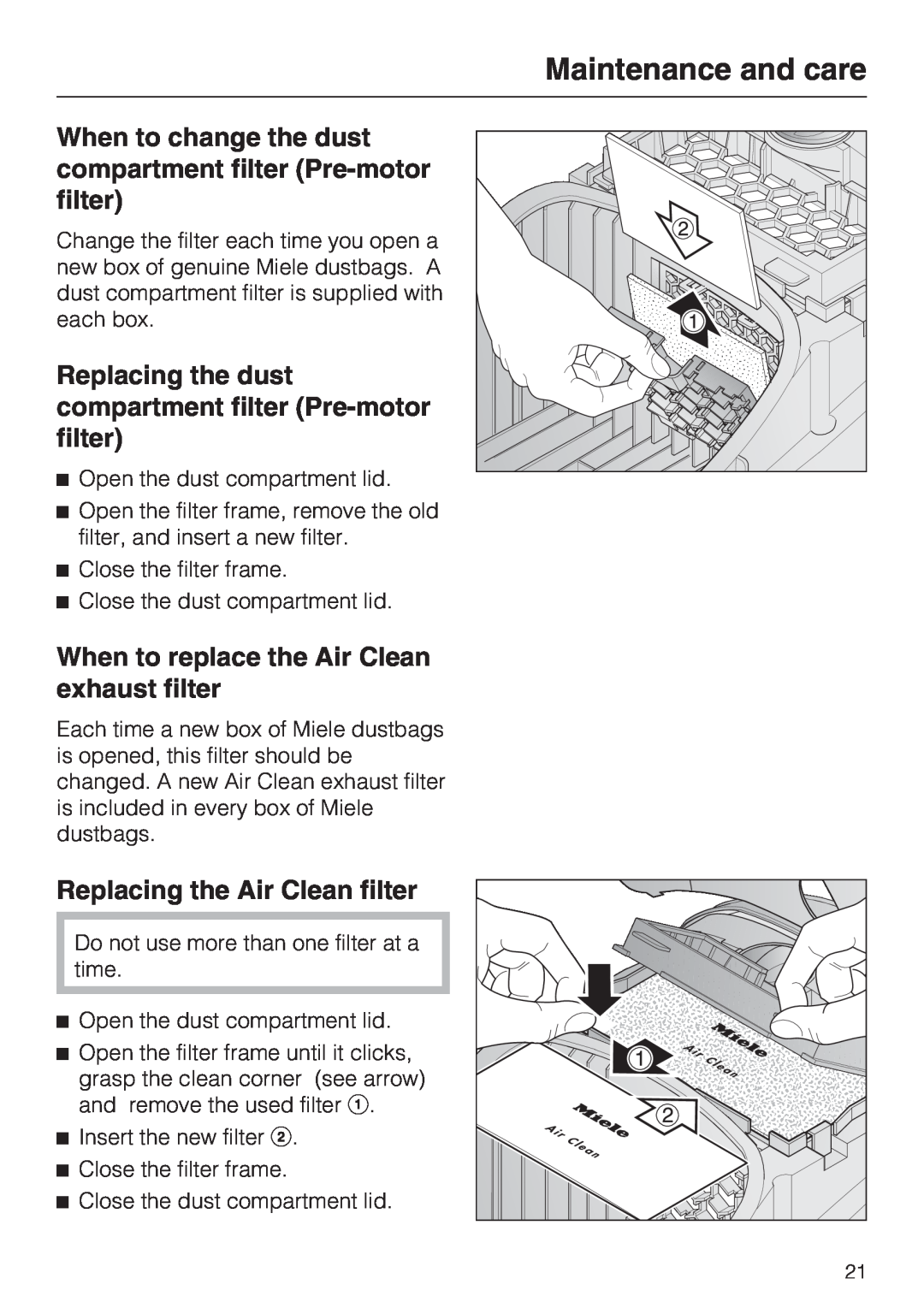 Miele S 2001 manual When to replace the Air Clean exhaust filter, Replacing the Air Clean filter, Maintenance and care 