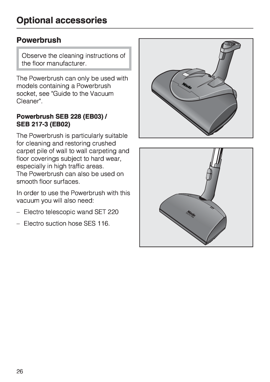 Miele S 2001 manual Optional accessories, Powerbrush SEB 228 EB03 / SEB 217-3EB02 