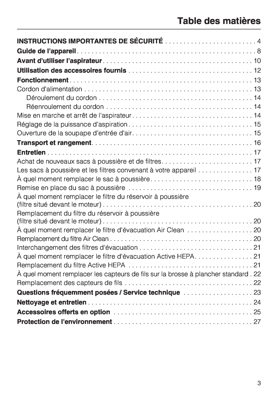 Miele S 2001 manual Table des matières 