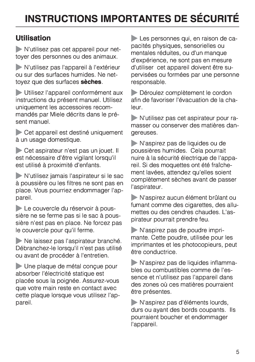 Miele S 2001 manual Utilisation, Instructions Importantes De Sécurité 