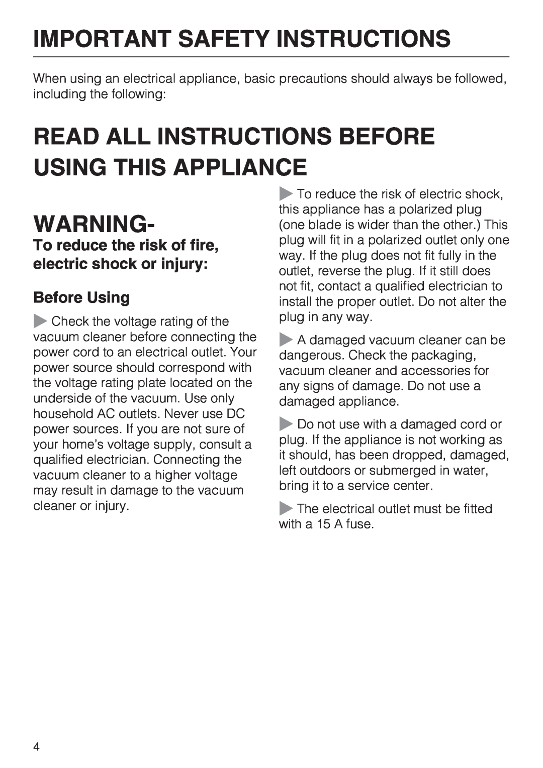 Miele S 2001 manual Important Safety Instructions, Read All Instructions Before Using This Appliance 
