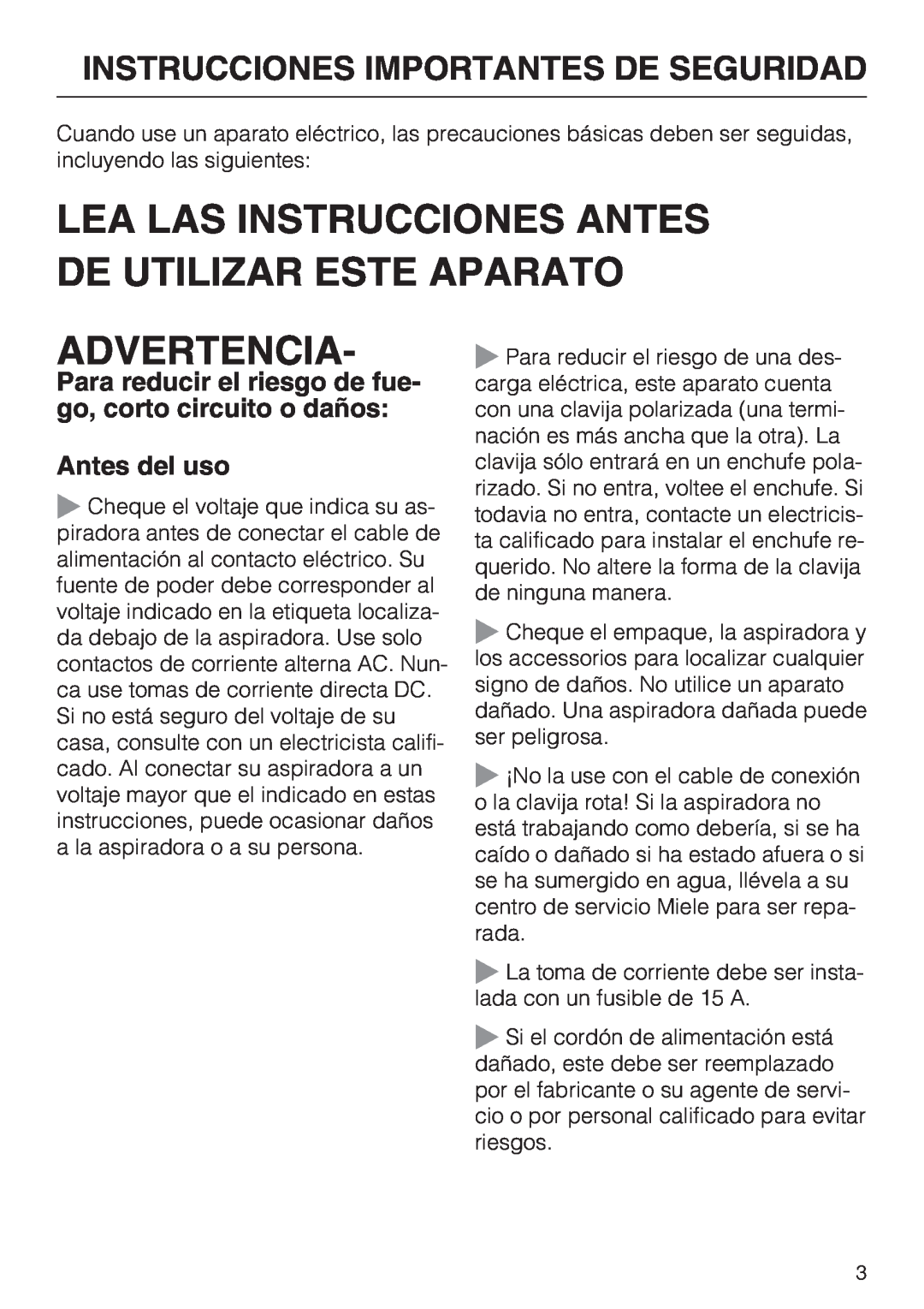 Miele S 2001 manual Advertencia, Instrucciones Importantes De Seguridad, Antes del uso 