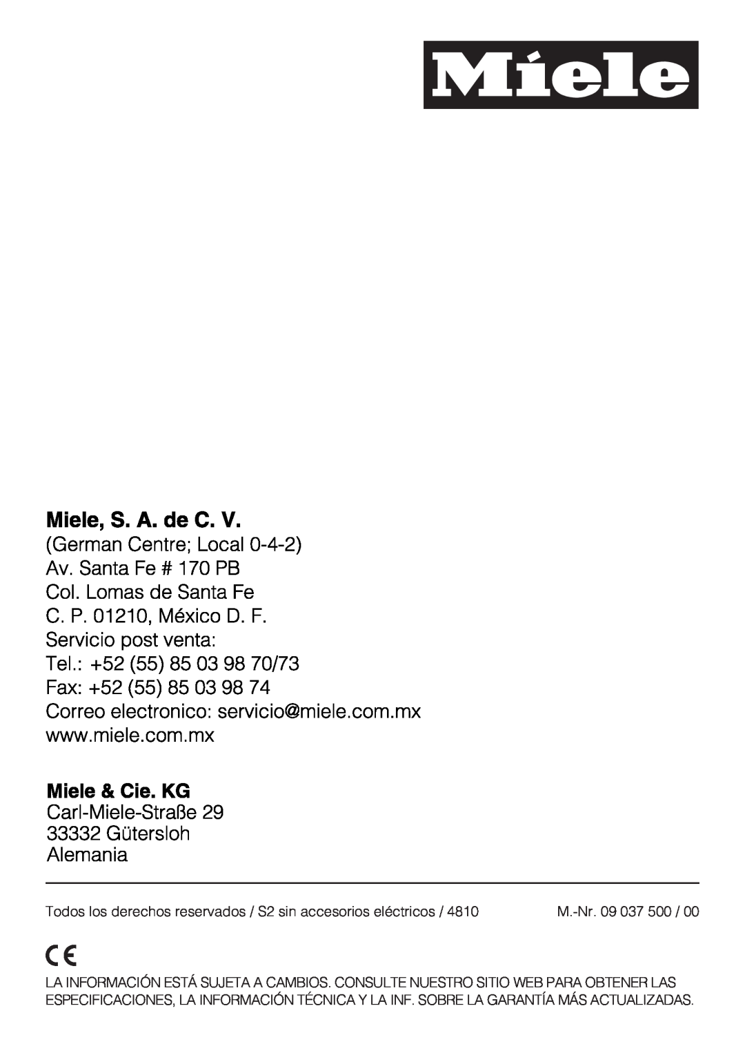 Miele S 2001 manual M.-Nr.09 037 500 