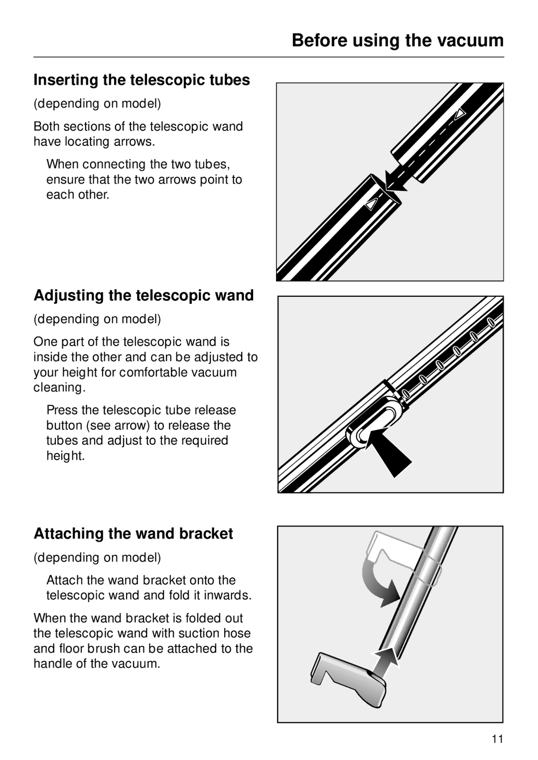 Miele S 246i, S 252i manual Inserting the telescopic tubes, Adjusting the telescopic wand, Attaching the wand bracket 