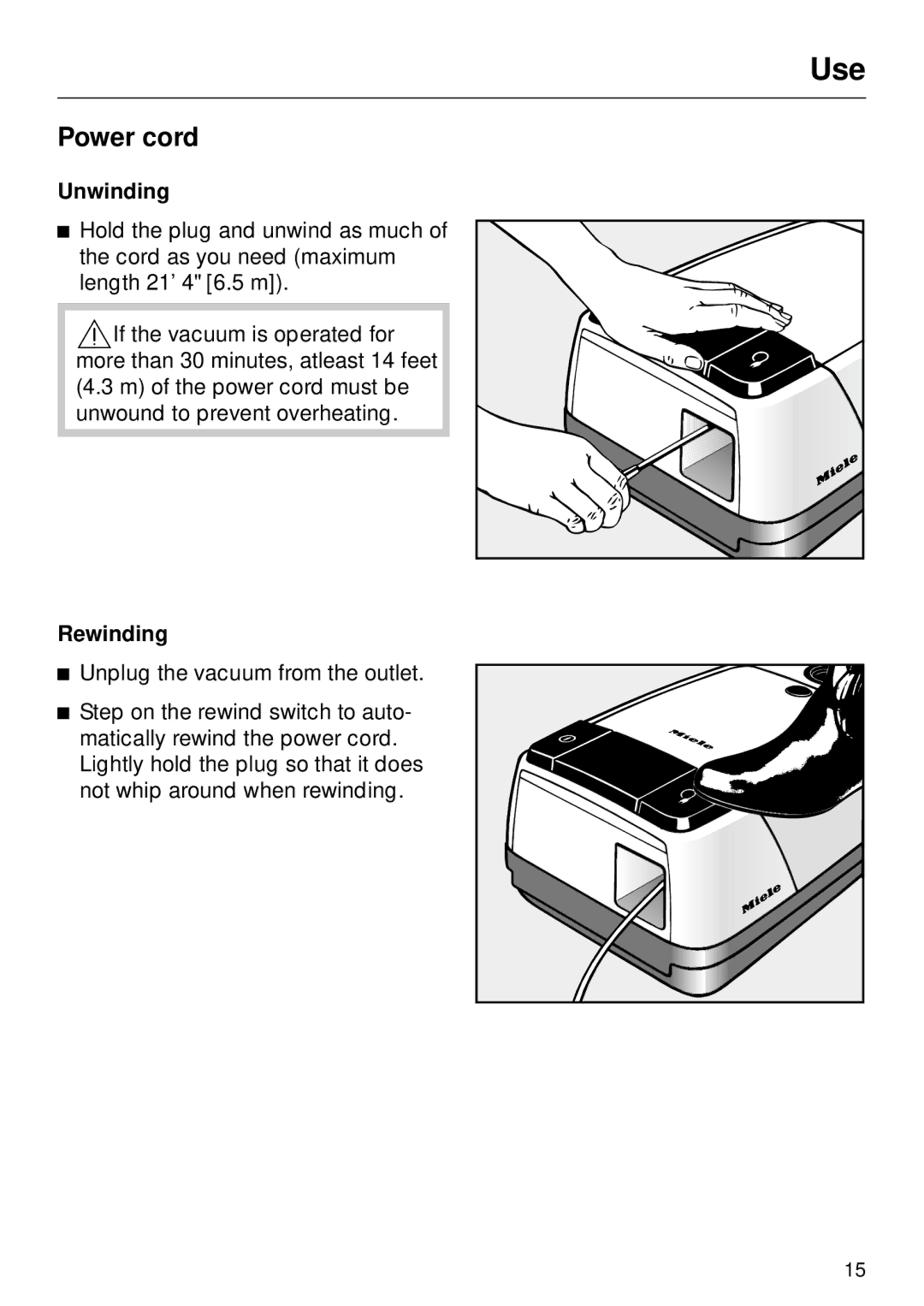 Miele S 246i, S 252i manual Use, Power cord, Unwinding, Rewinding 