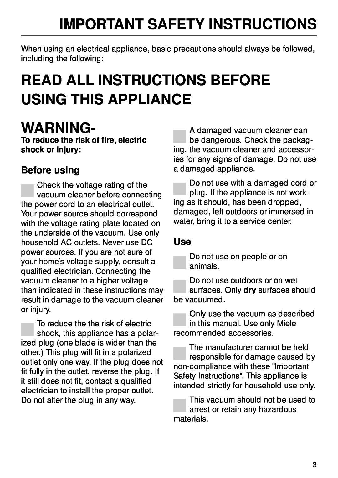 Miele S 246i, S 252i manual Important Safety Instructions, Before using 